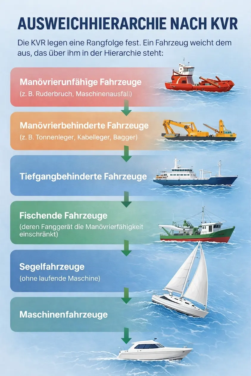 Ausweichhierarchie nach KVR als Diagramm: Sechs Fahrzeugtypen von oben nach unten geordnet (manövrierunfähig bis Maschinenfahrzeug), mit Pfeilen die zeigen, wer wem ausweicht. Jede Stufe mit kleiner Schiff-Ikone und Beschriftung.