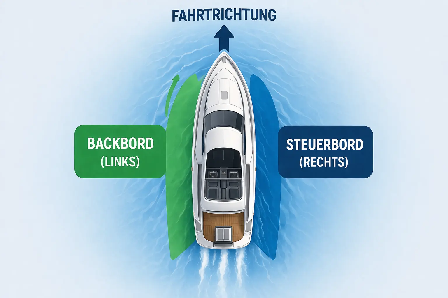 Draufsicht auf ein Motorboot im Wasser mit Pfeil nach vorne für die Fahrtrichtung. Die linke Bootsseite ist farblich hervorgehoben und mit „Backbord (links)“ beschriftet, die rechte Seite mit „Steuerbord (rechts)“
