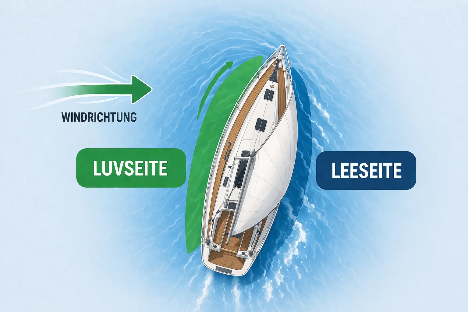 Draufsicht auf ein Segelboot mit gespanntem Segel. Ein Pfeil zeigt die Windrichtung von links. Die linke Bootsseite ist hervorgehoben und mit „Luvseite" beschriftet, die rechte Seite mit „Leeseite". Das Boot neigt sich leicht nach rechts (Lee).